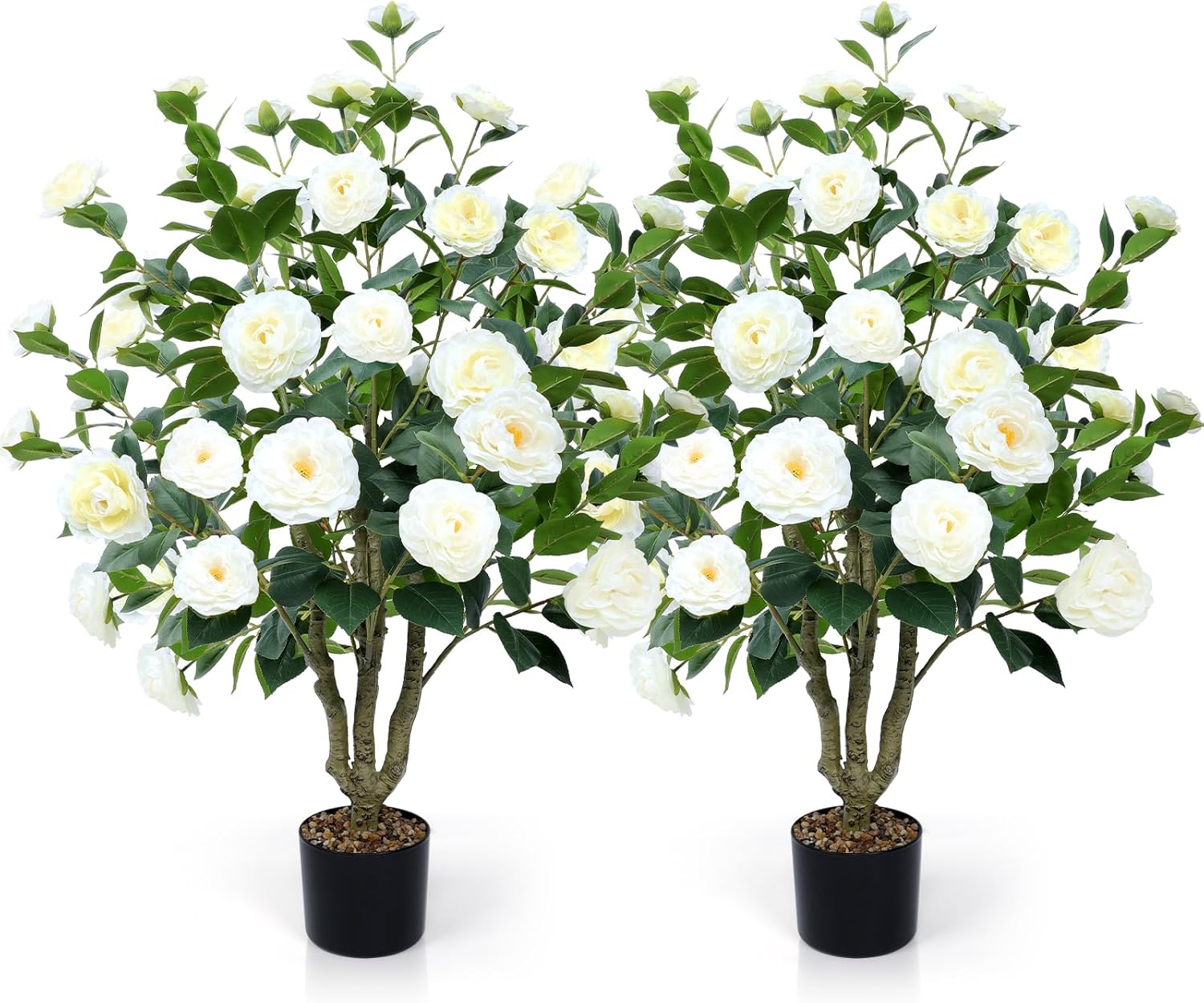 Artificial Camellia Tree 2 Pack Faux Camellia Plant in Pot with Blooming Flowers Fake Flower Tree Greenery Potted Plant for Indoor Outdoor Office Home Porch Decor White
